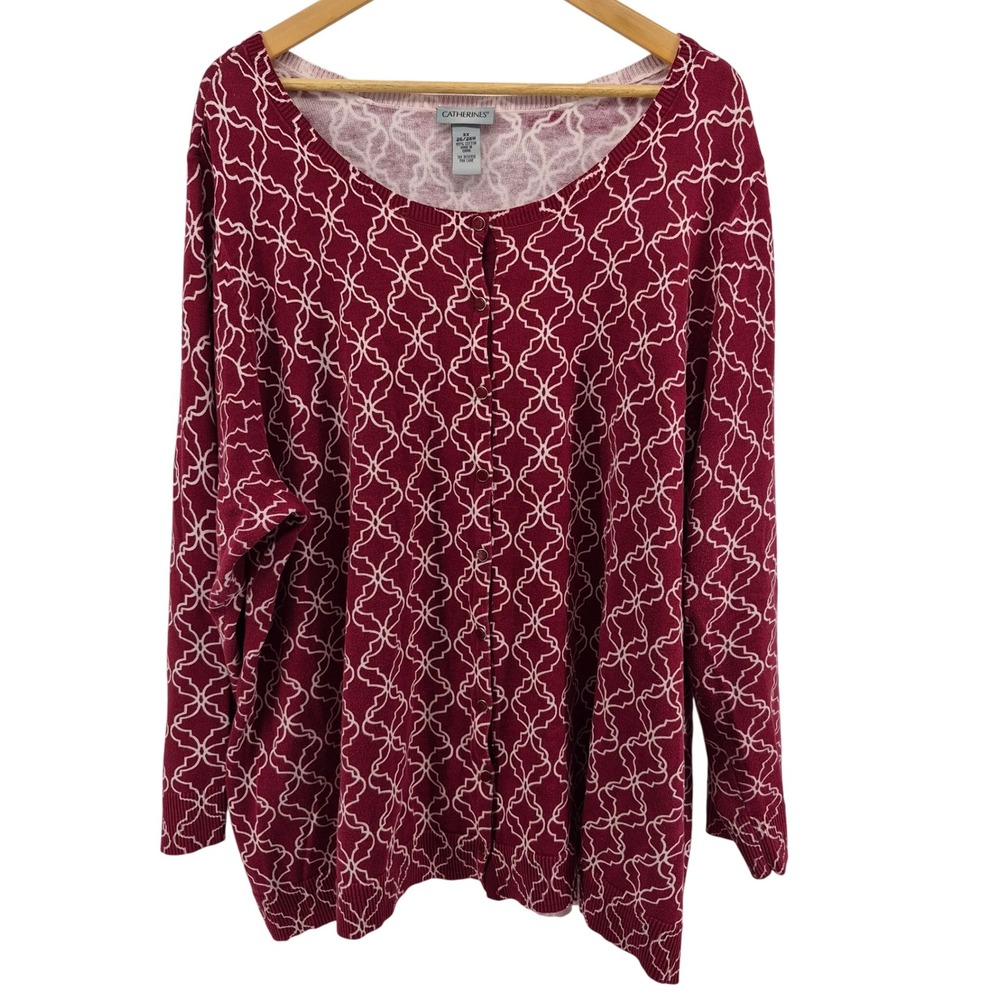 Catherines 3X Cardigan Sweater Wine Red Geometric Lattice Print Button Front